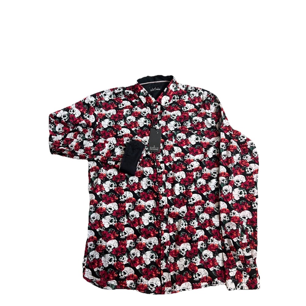 New P Public Record Rec Shirt Mens Large Skull‎ Roses Flip Cuff Button Going Out